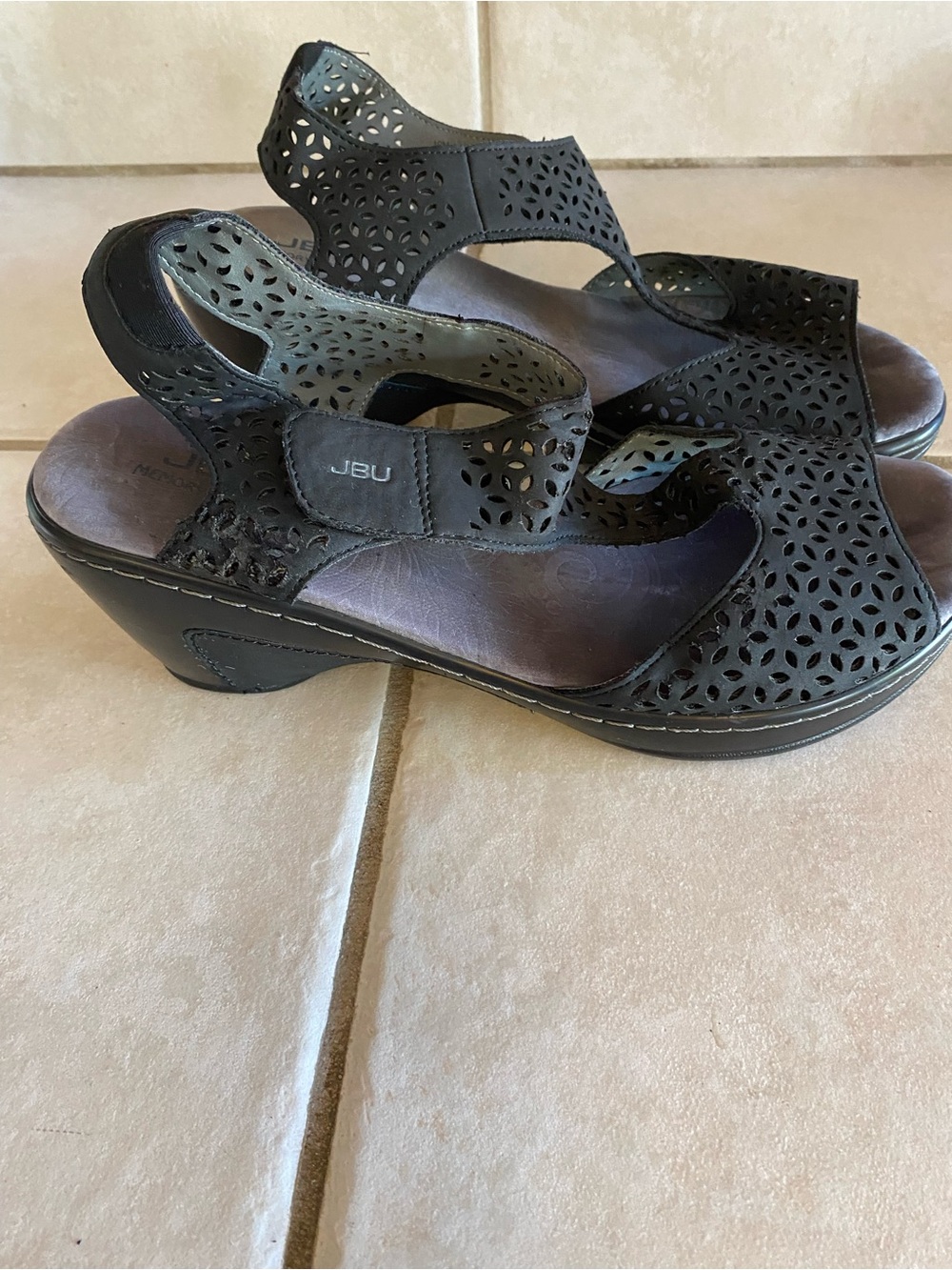 JBU Black Laser-Cut Comfort Wedge Sandals